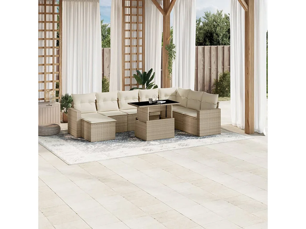 Salon de jardin avec coussins 9 pcs beige résine tressée