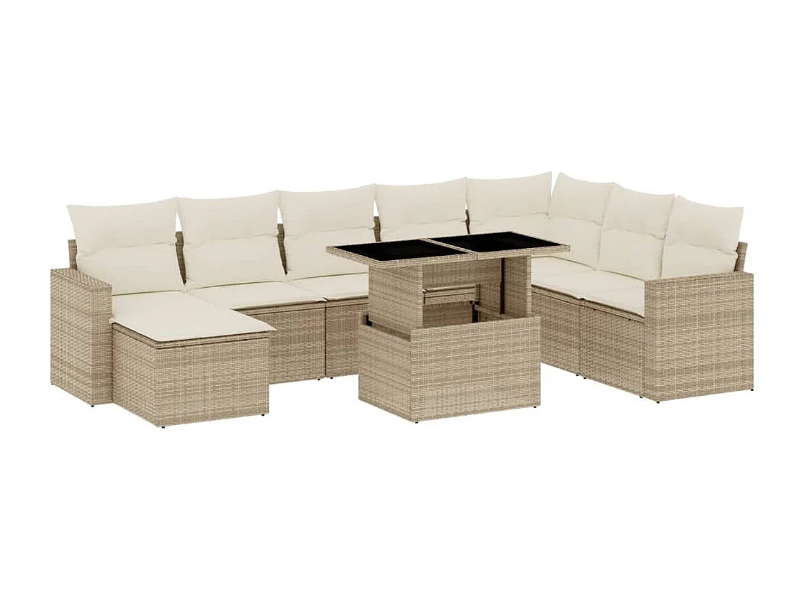 Salon de jardin avec coussins 9 pcs beige résine tressée