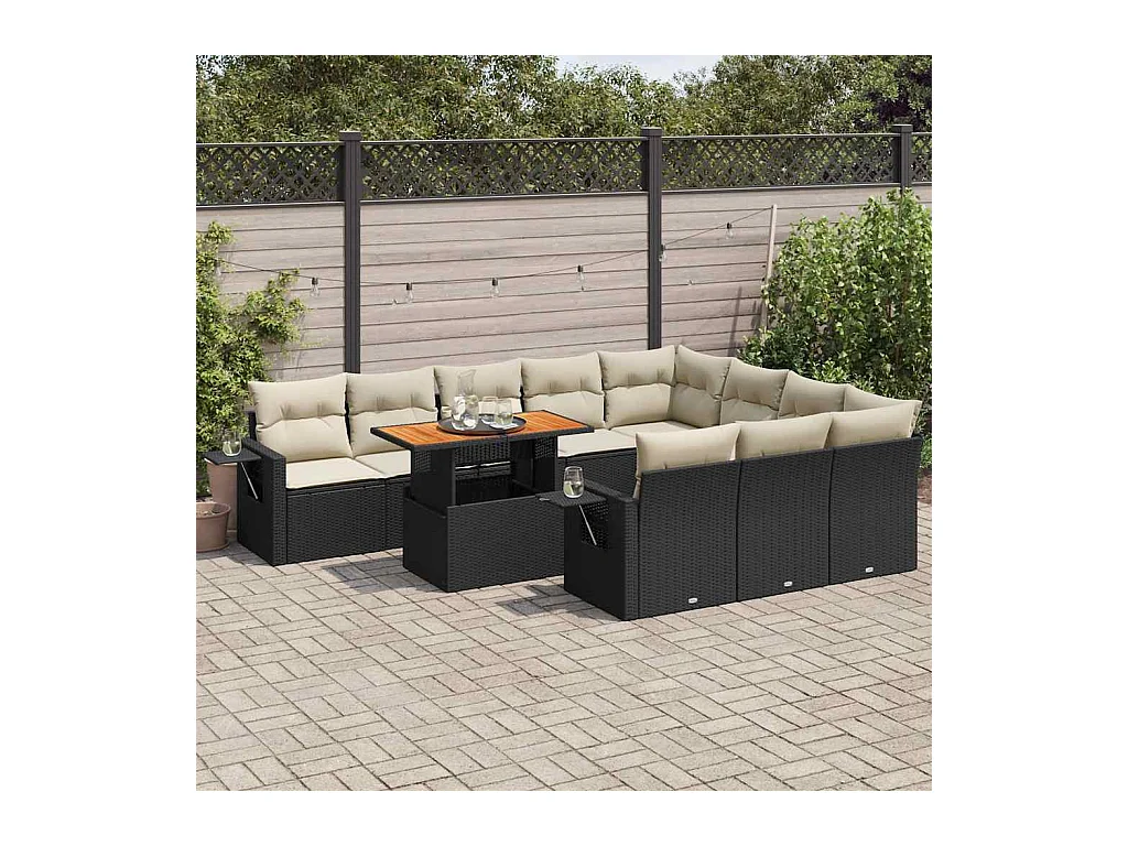 Salon de jardin 11 pcs avec coussins noir résine tressée