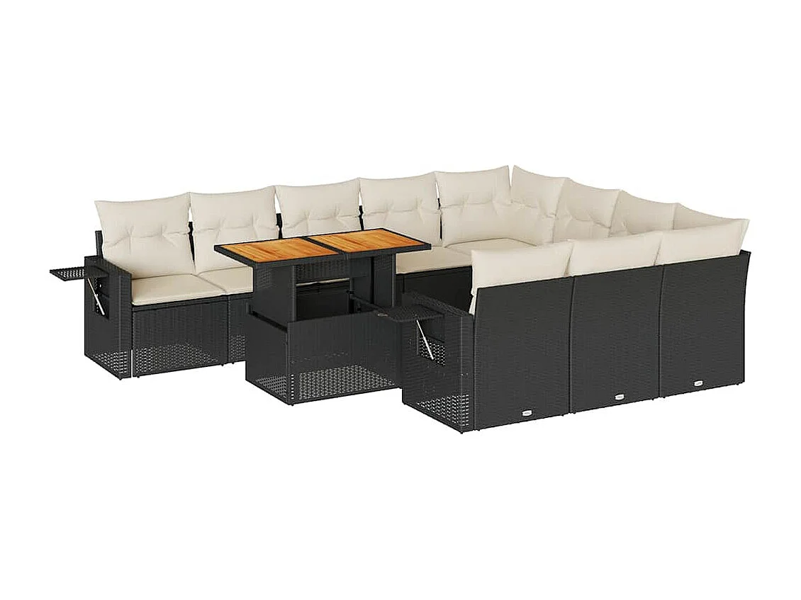 11-tlg. Garten-Sofagarnitur mit Kissen Schwarz Poly Rattan
