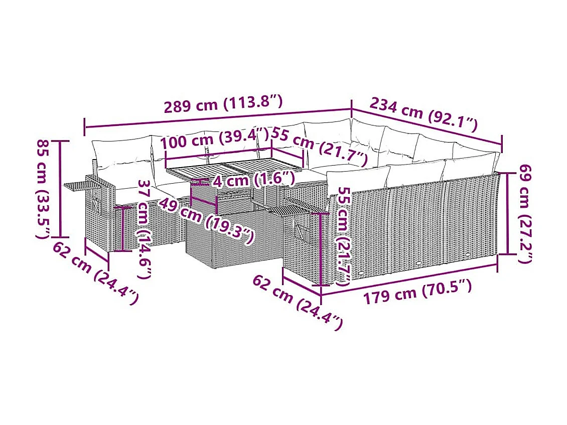 11-tlg. Garten-Sofagarnitur mit Kissen Schwarz Poly Rattan