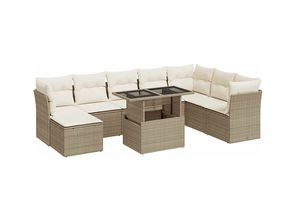 9-tlg. Garten-Sofagarnitur mit Kissen Beige Poly Rattan