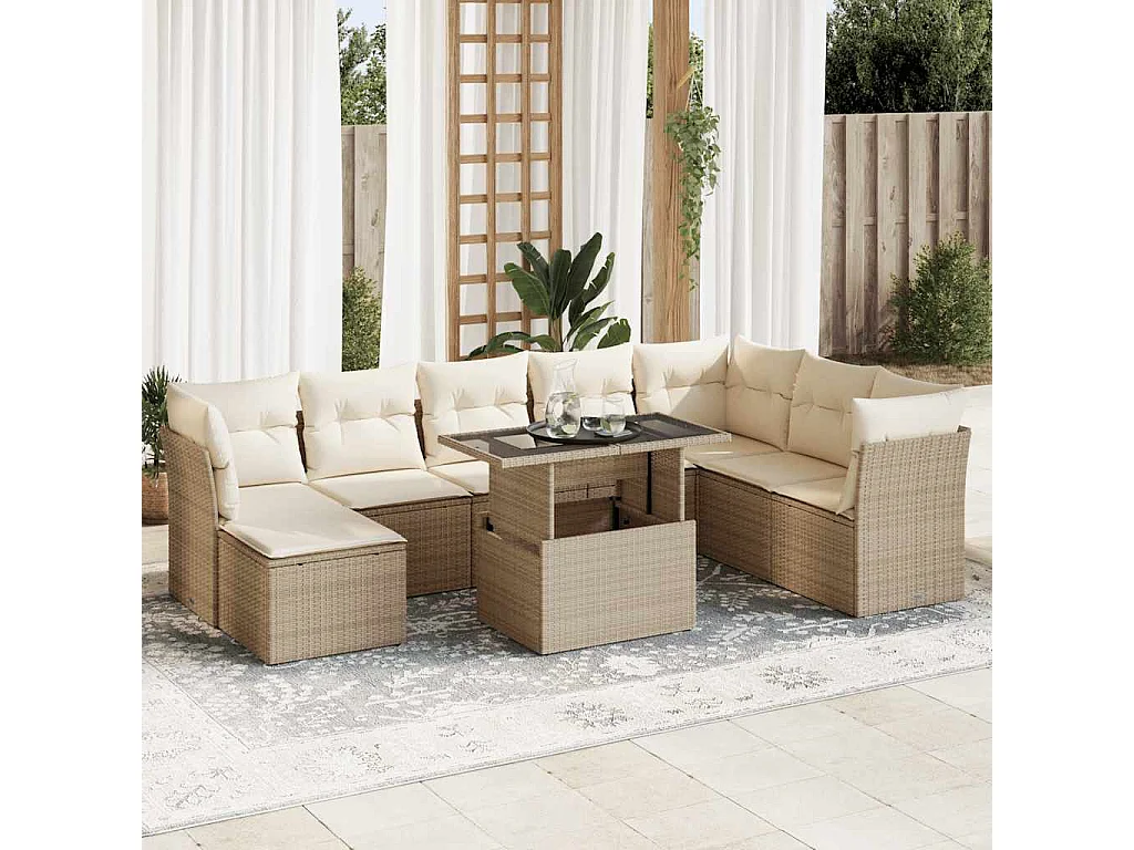 Salon de jardin avec coussins 9 pcs beige résine tressée
