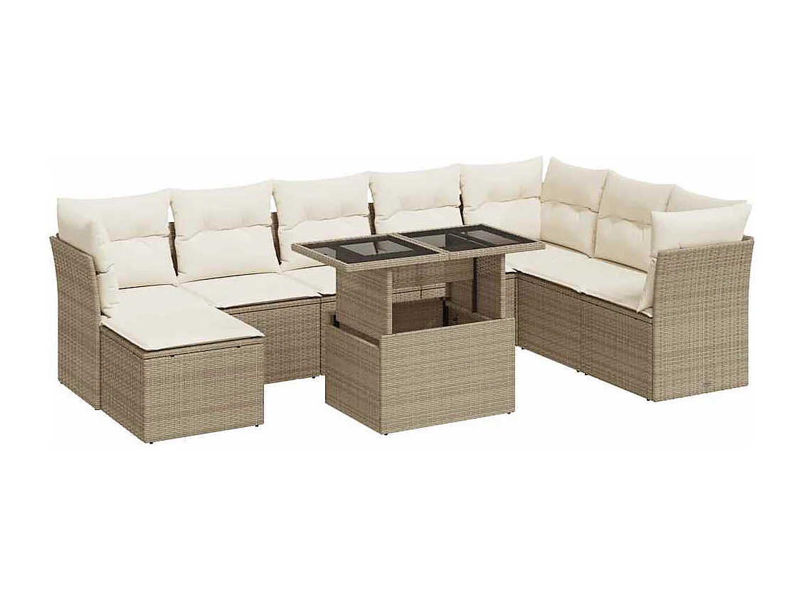 Salon de jardin avec coussins 9 pcs beige résine tressée