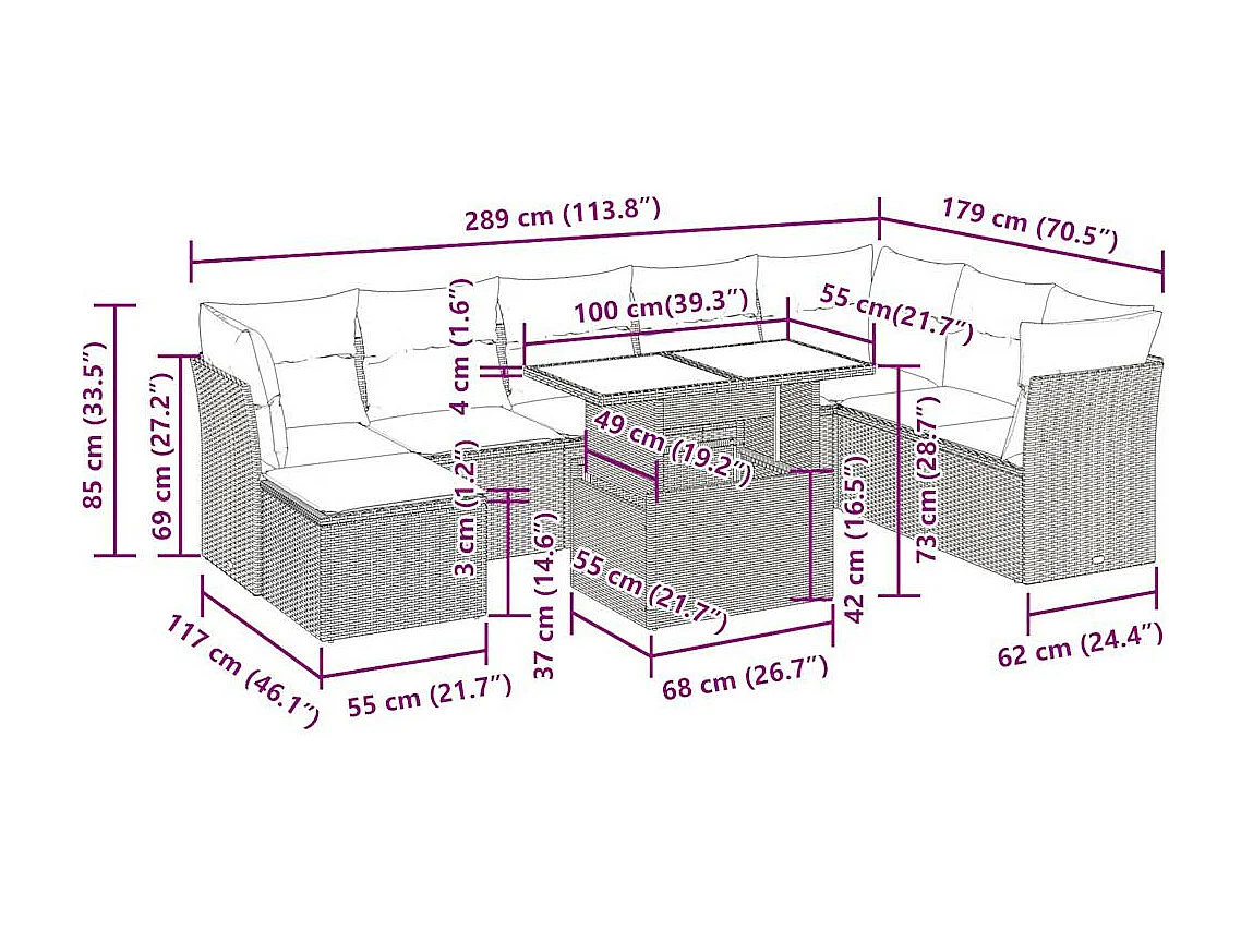 Salon de jardin avec coussins 9 pcs beige résine tressée