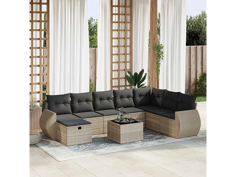 Set Divano da Giardino 9pz con Cuscini Grigio Chiaro Polyrattan