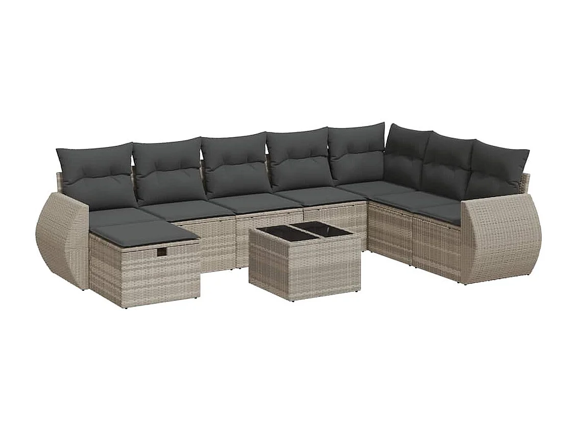 Salon de jardin 9 pcs avec coussins gris clair résine tressée