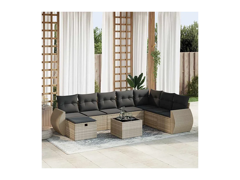 Salon de jardin 9 pcs avec coussins gris clair résine tressée