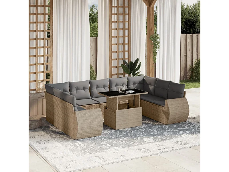 10-tlg. Garten-Sofagarnitur mit Kissen Beige Poly Rattan