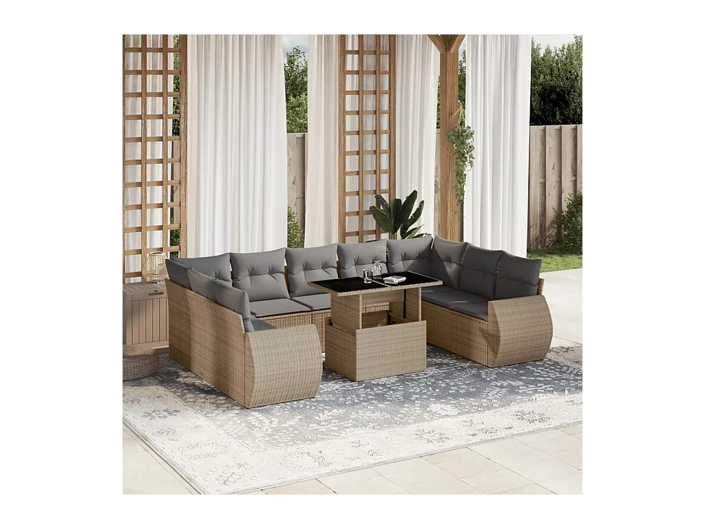 Salon de jardin avec coussins 10 pcs beige résine tressée