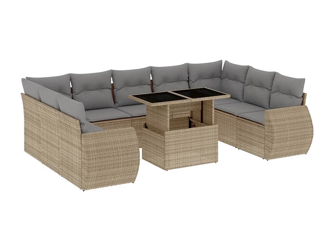 10-tlg. Garten-Sofagarnitur mit Kissen Beige Poly Rattan