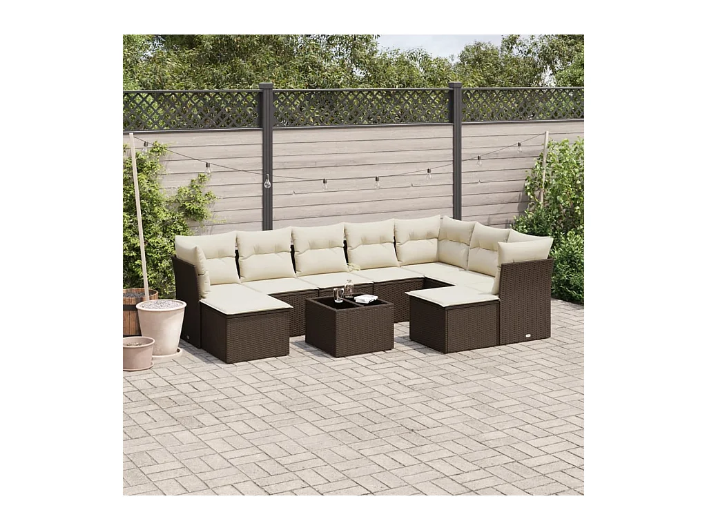 Salon de jardin 10 pcs avec coussins marron résine tressée