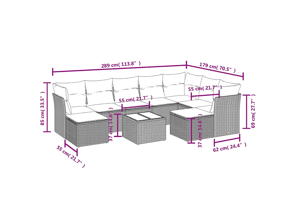 10-delige Loungeset met kussens poly rattan bruin