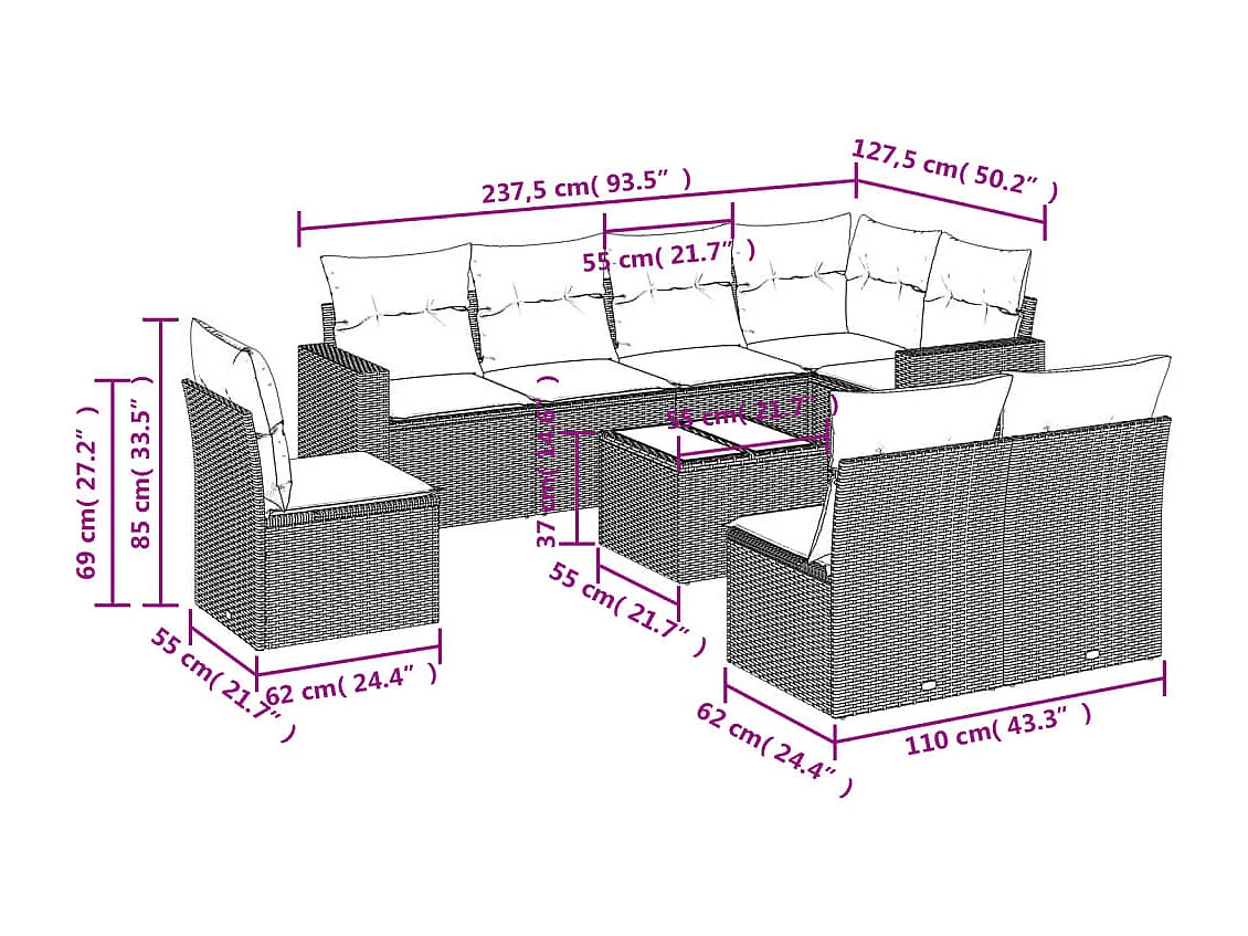 9-tlg. Garten-Sofagarnitur mit Kissen Hellgrau Poly Rattan