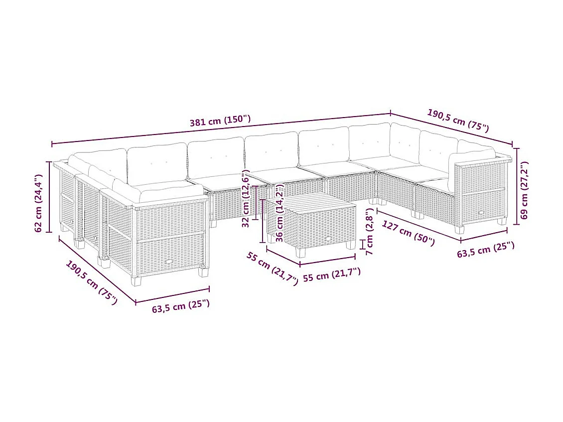 11-delige Tuinset met kussens poly rattan beige