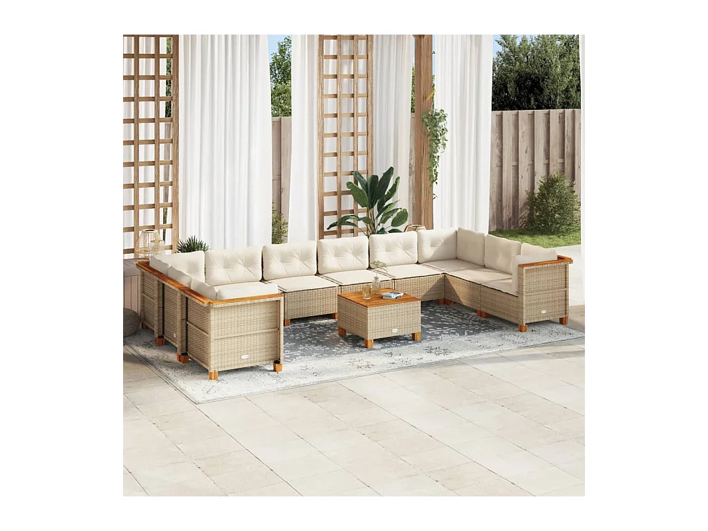 Salon de jardin 11 pcs avec coussins beige résine tressée