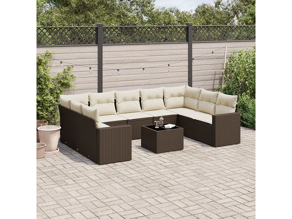 10-tlg. Garten-Sofagarnitur mit Kissen Braun Poly Rattan