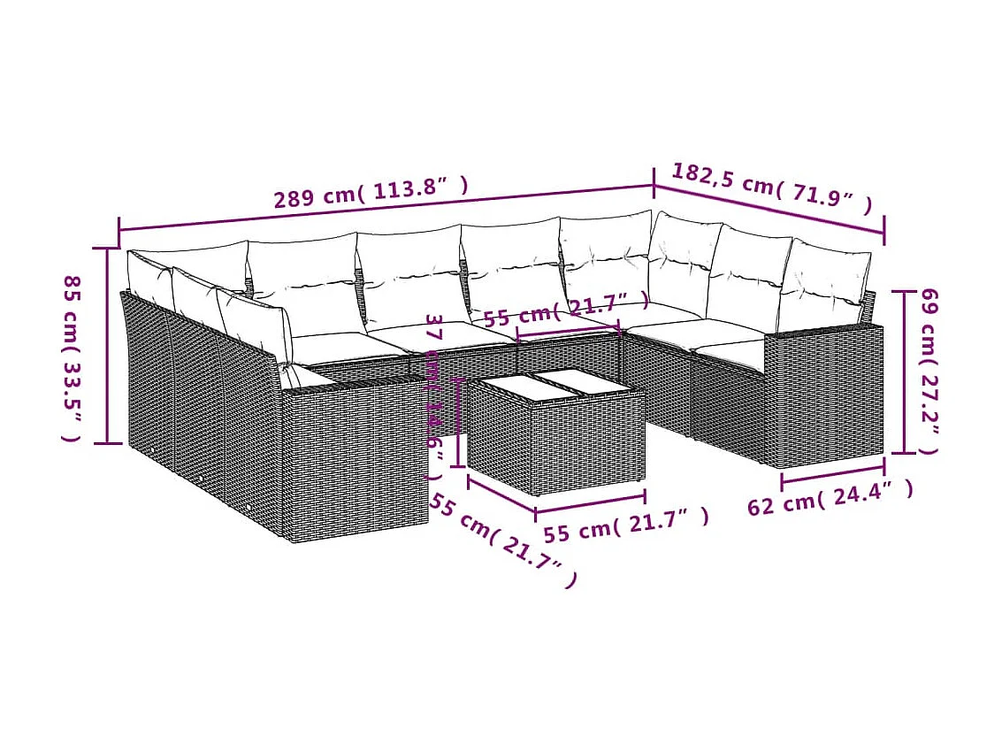 10-delige Loungeset met kussens poly rattan bruin