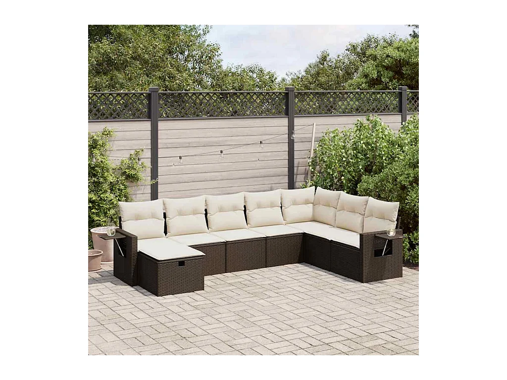 Salon de jardin 8 pcs avec coussins marron résine tressée