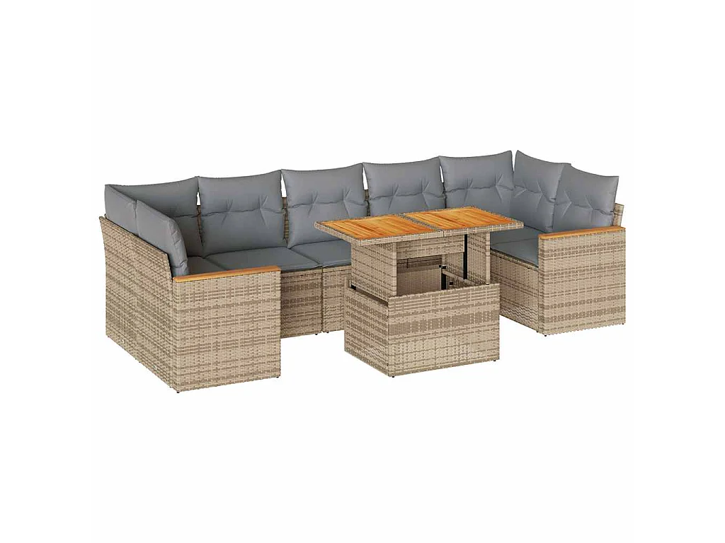 Set Divano da Giardino 8 pz con Cuscini Beige Polyrattan Acacia