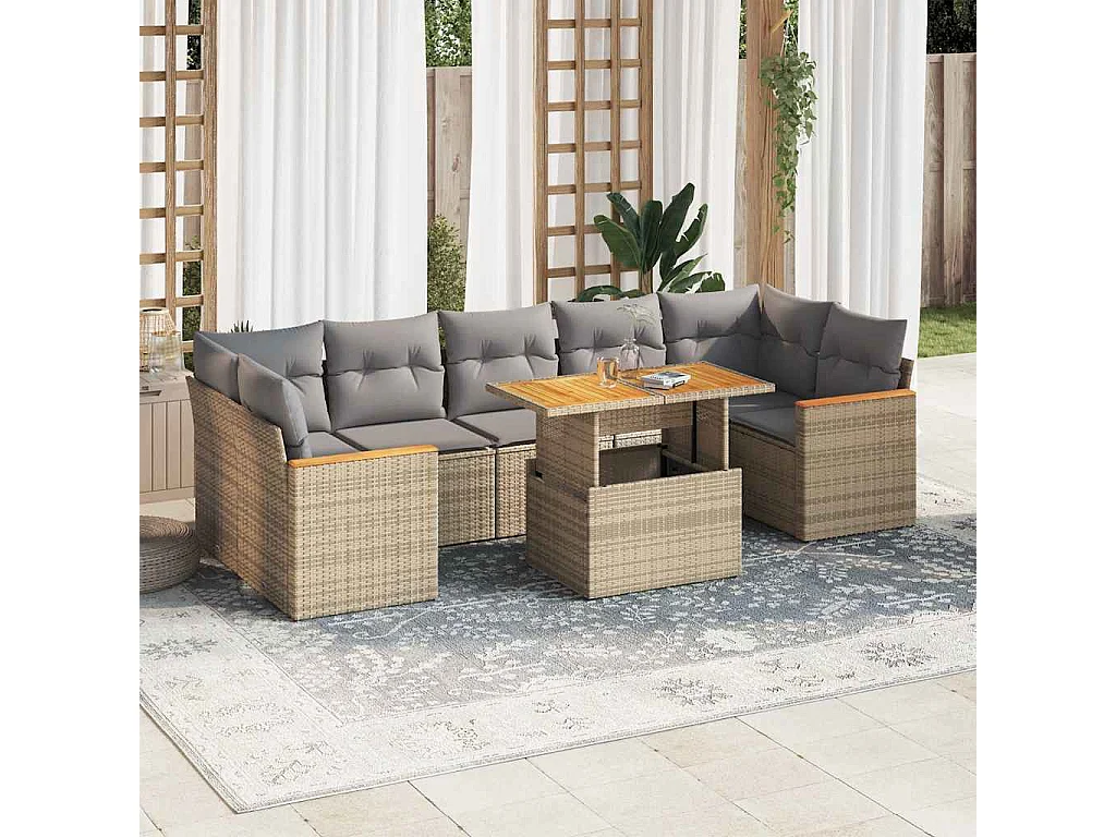 Set Divano da Giardino 8 pz con Cuscini Beige Polyrattan Acacia