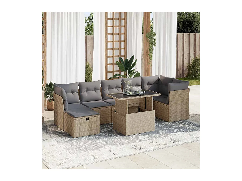 8-delige Loungeset met kussens poly rattan beige