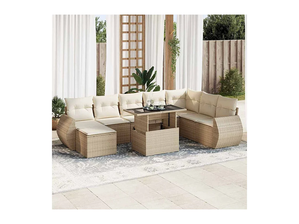 Set Divano da Giardino 9 pz con Cuscini Beige in Polyrattan