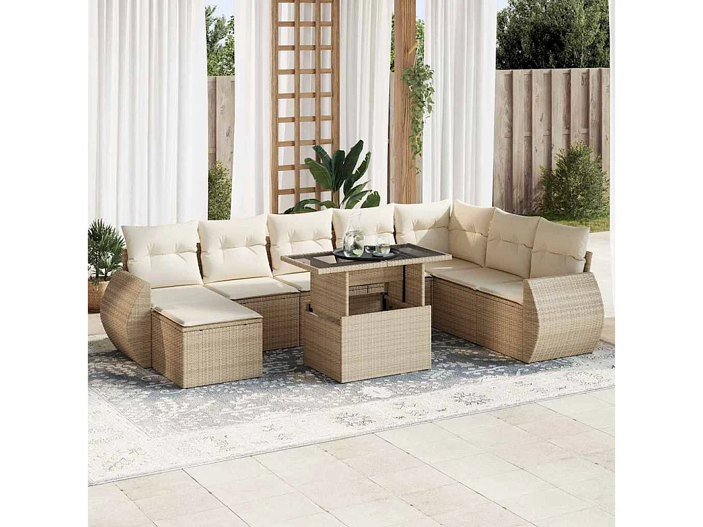 9-tlg. Garten-Sofagarnitur mit Kissen Beige Poly Rattan