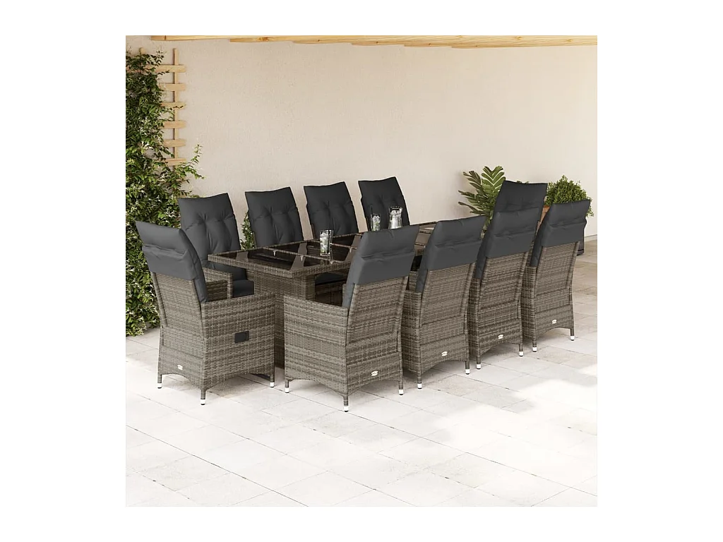 Ensemble de bistro de jardin 11 pcs coussins gris poly rotin