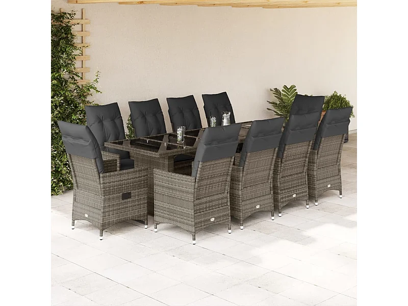 Set Bistrò da Giardino 11 pz con Cuscini in Polyrattan Grigio