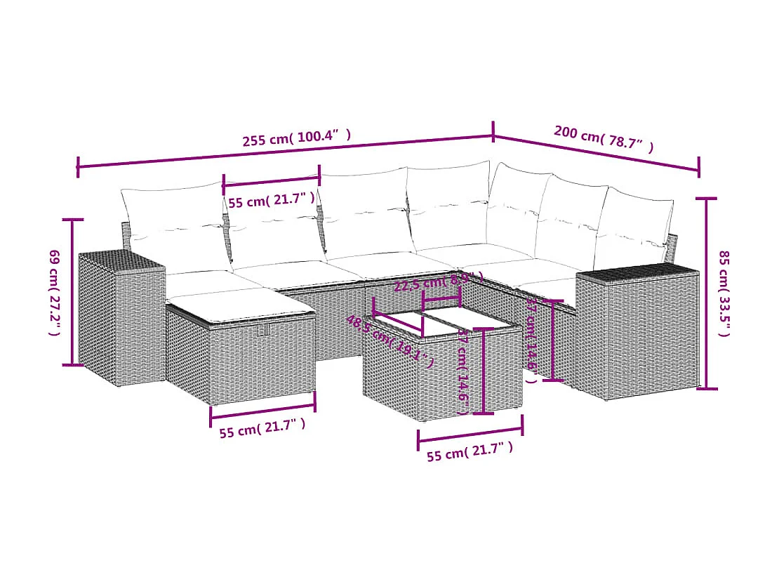 8-tlg. Garten-Sofagarnitur mit Kissen Braun Poly Rattan