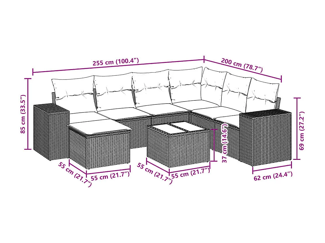 8-tlg. Garten-Sofagarnitur mit Kissen Braun Poly Rattan