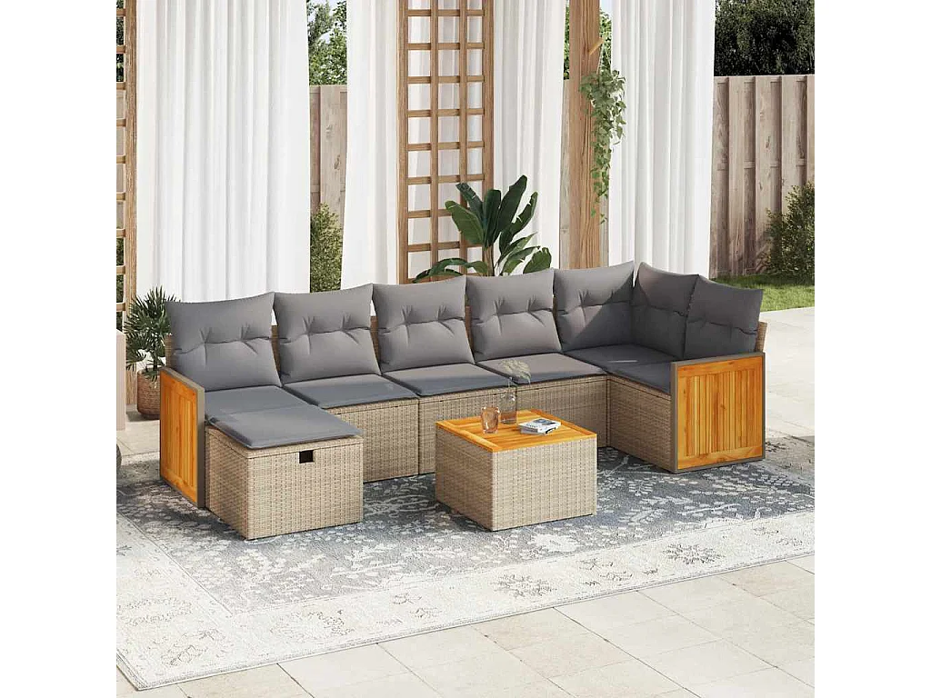 Salon de jardin avec coussins 8 pcs beige résine tressée