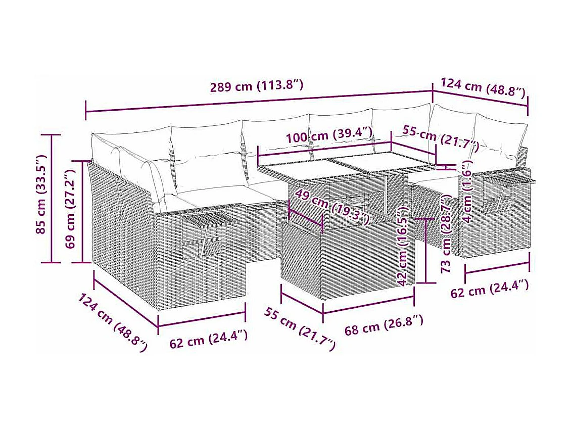 Salon de jardin 8 pcs avec coussins marron résine tressée