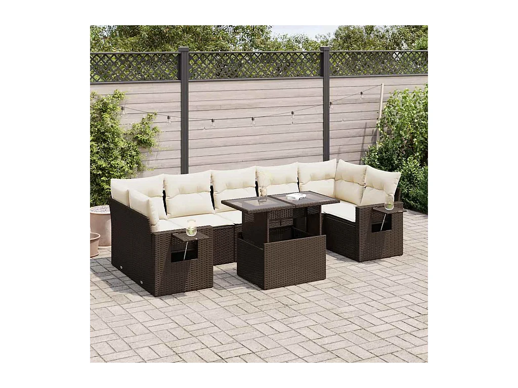 8-delige Loungeset met kussens poly rattan bruin