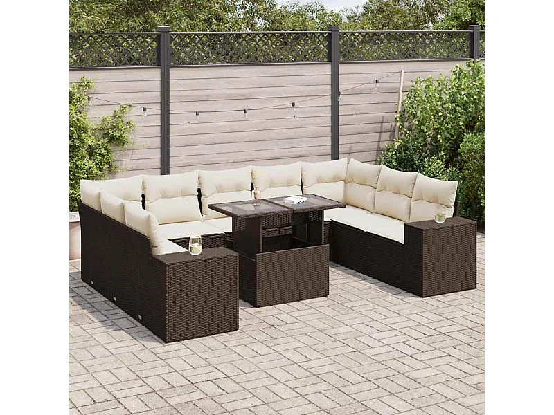 10-tlg. Garten-Sofagarnitur mit Kissen Braun Poly Rattan