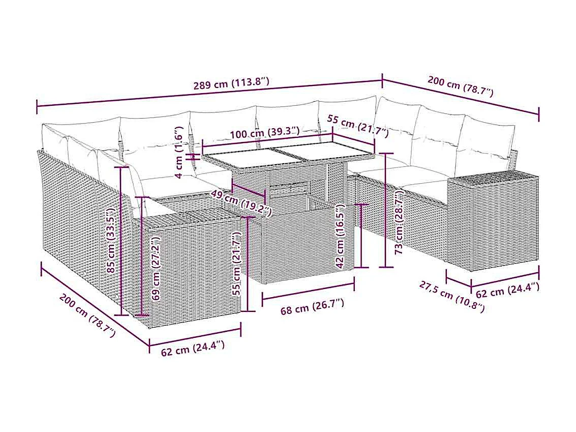 10-tlg. Garten-Sofagarnitur mit Kissen Braun Poly Rattan