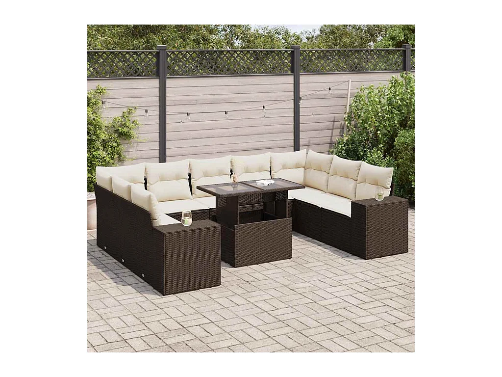 Salon de jardin 10 pcs avec coussins marron résine tressée