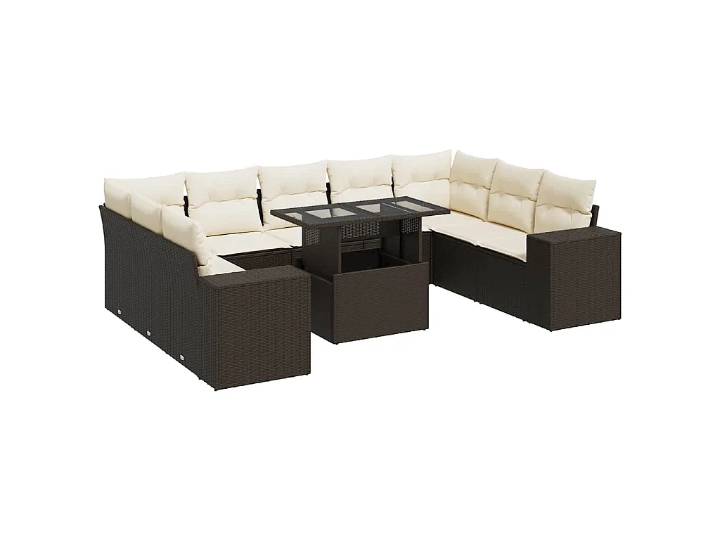 10-delige Loungeset met kussens poly rattan bruin
