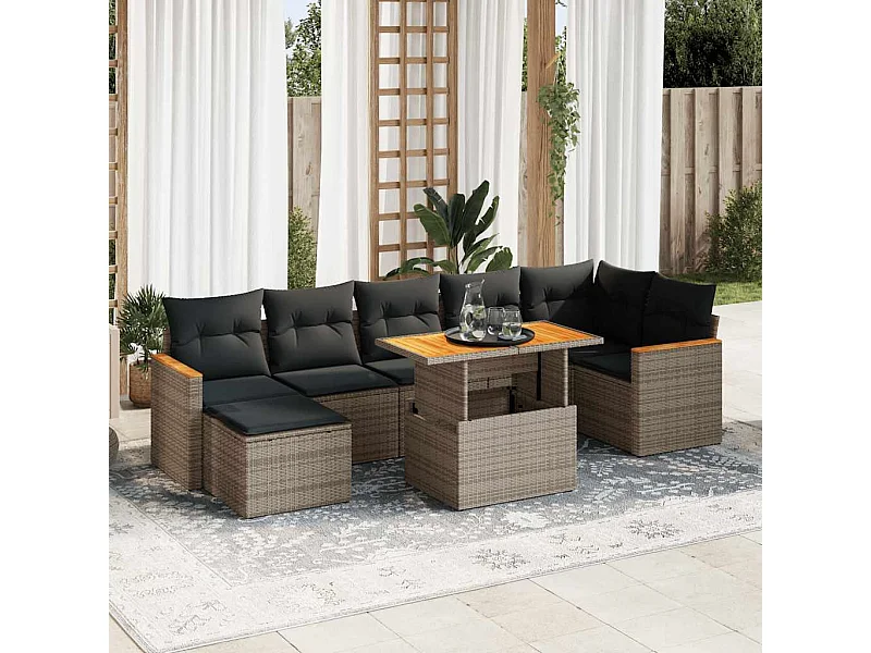 8 pcs conjunto sofás jardim almofadões vime PE/acácia cinzento