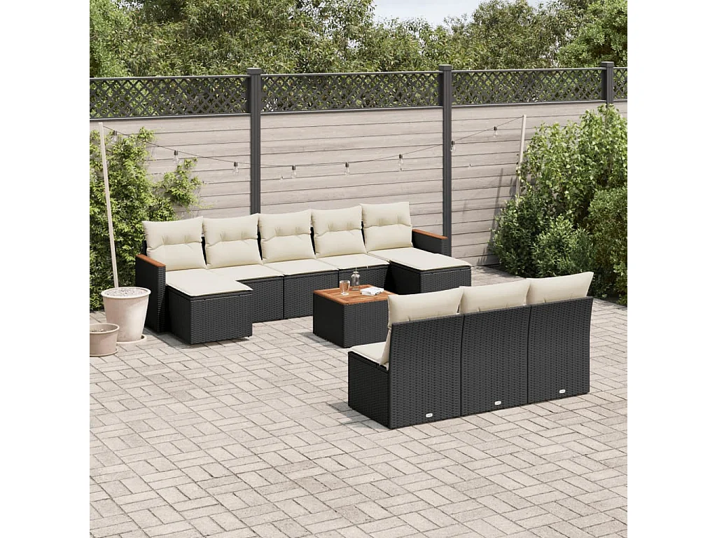 11-delige Loungeset met kussens poly rattan zwart
