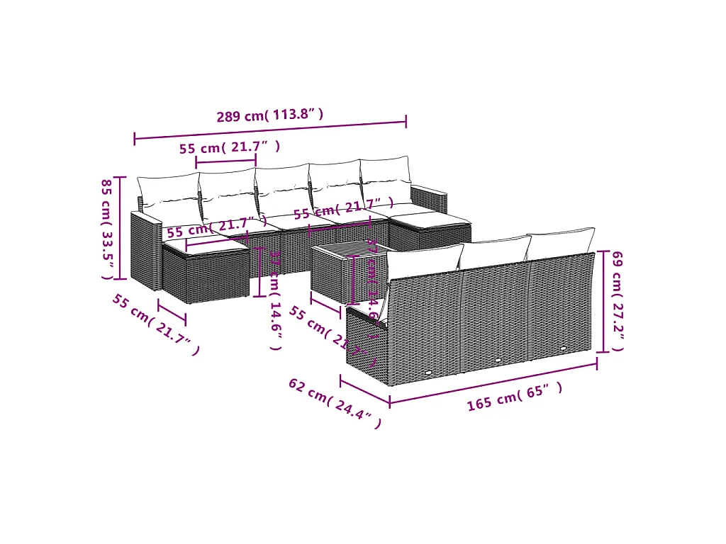 11-delige Loungeset met kussens poly rattan zwart