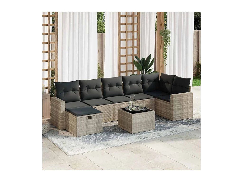 Salon de jardin 8 pcs avec coussins gris clair résine tressée