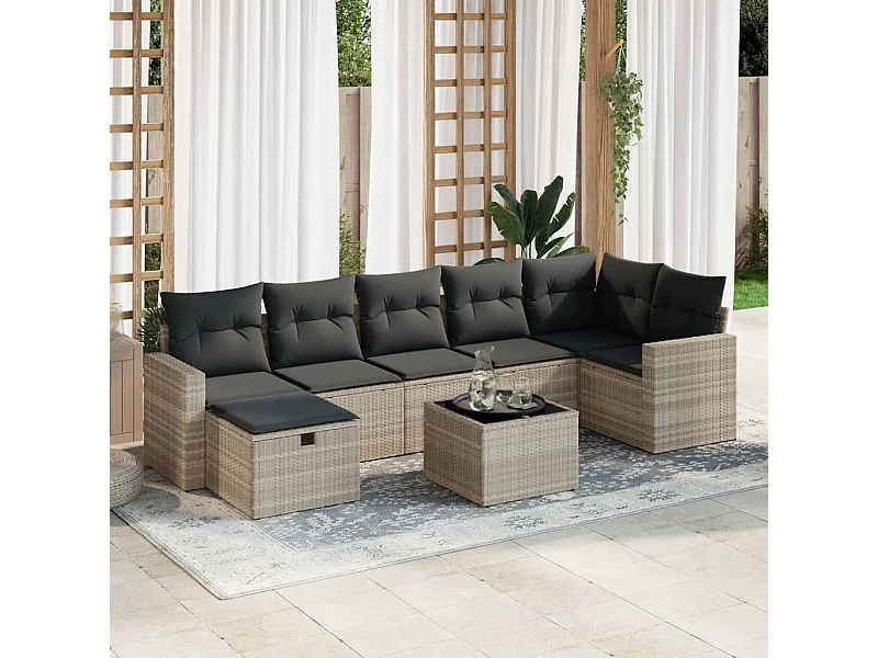 Salon de jardin 8 pcs avec coussins gris clair résine tressée