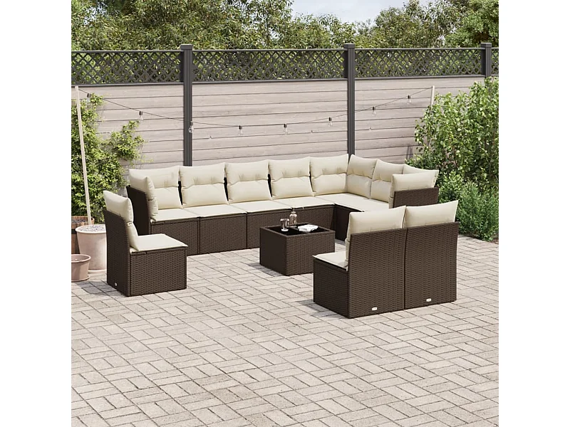 11-tlg. Garten-Sofagarnitur mit Kissen Braun Poly Rattan