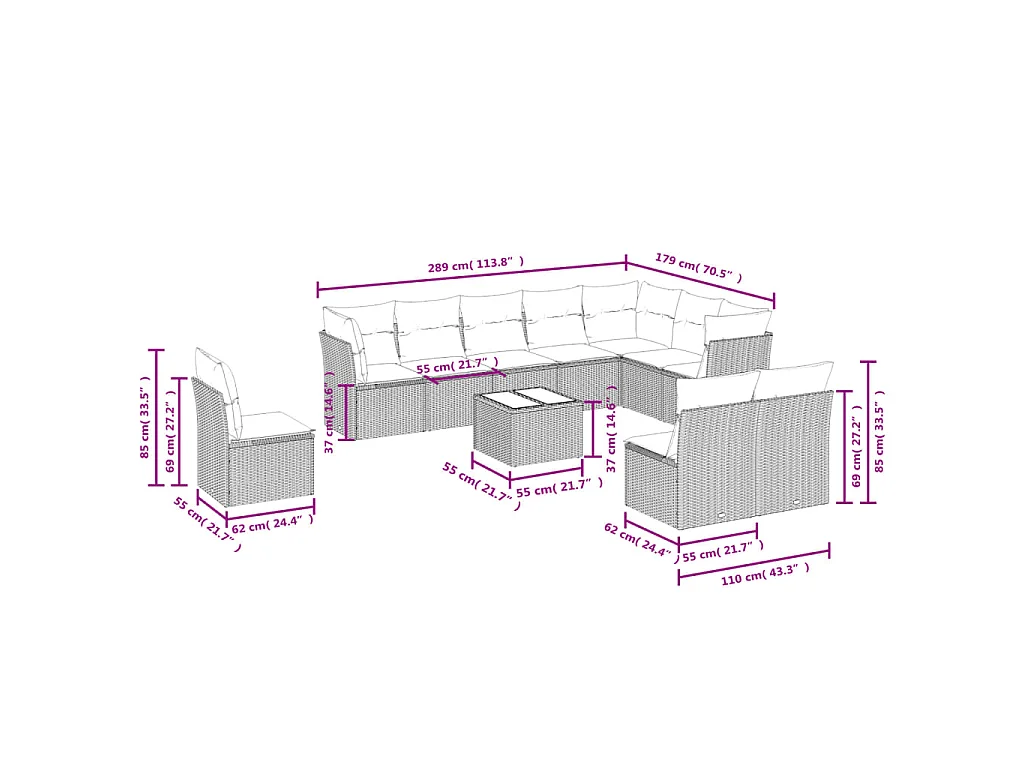 11-delige Loungeset met kussens poly rattan bruin