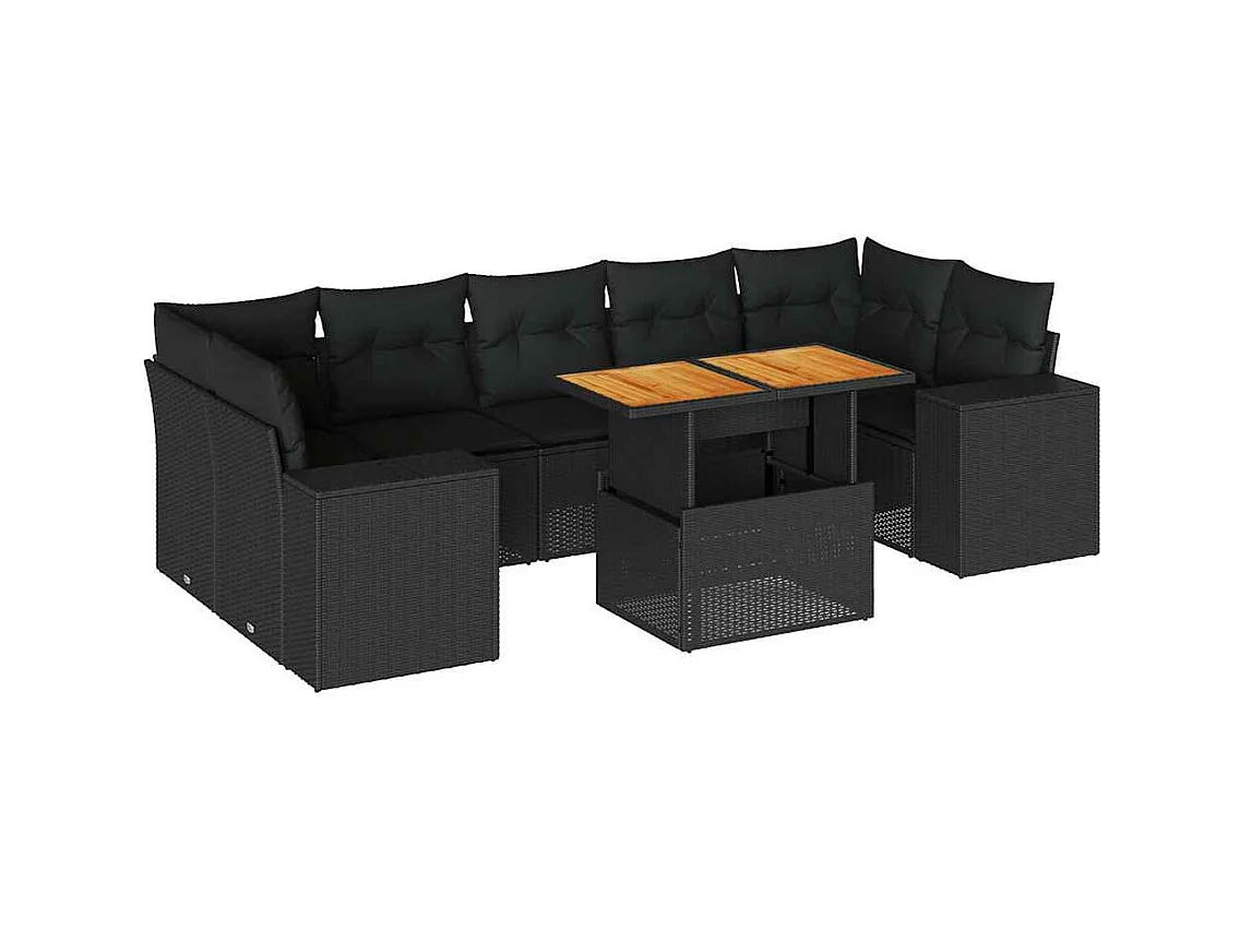 8-delige Loungeset met kussens poly rattan zwart