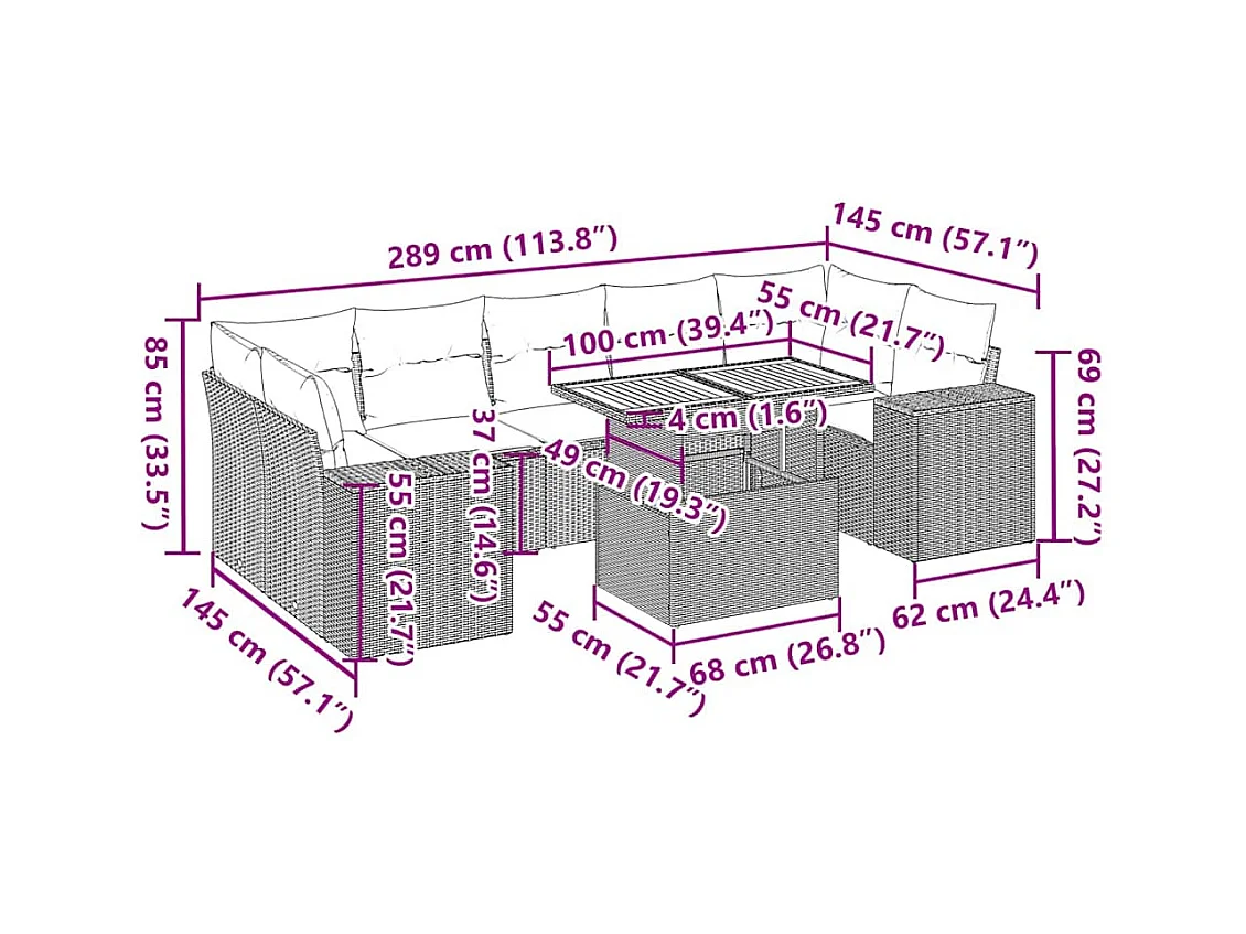8-delige Loungeset met kussens poly rattan zwart