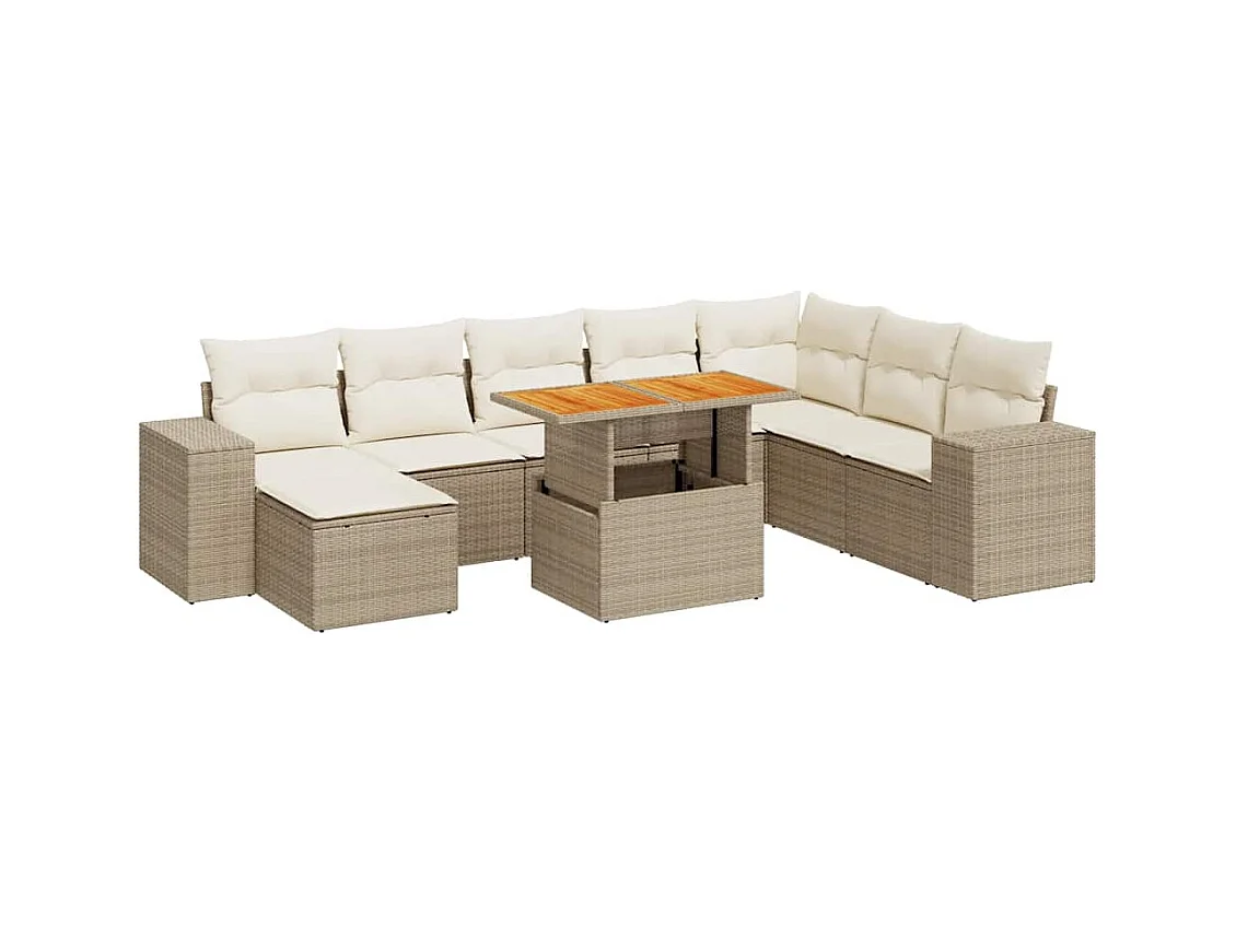 9-tlg. Garten-Sofagarnitur mit Kissen Beige Poly Rattan Akazie