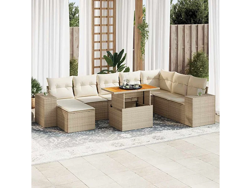 Set Divano da Giardino 9 pz con Cuscini Beige Polyrattan Acacia